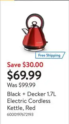 Walmart Black + decker 1.7l electric cordless kettle, red offer