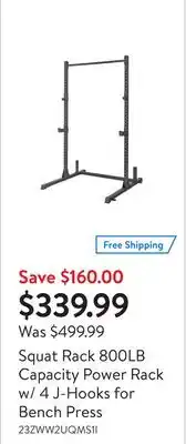 Walmart Squat rack 800lb capacity power rack w/ 4 j-hooks for bench press offer