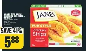 No Frills JANES PUB STYLE BREADED CHICKEN OR TURKEY offer