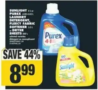 No Frills SUNLIGHT, PUREX LAUNDRY DETERGENT, FLEECY FABRIC SOFTENER, DRYER SHEETS offer