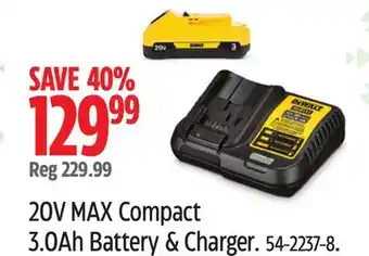 Canadian Tire Dewalt 20v max compact 3.0ah battery & charger offer