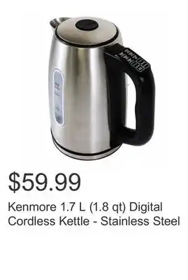 Costco Kenmore 1.7 l (1.8 qt) digital cordless kettle - stainless steel offer