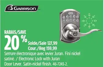 Canadian Tire Garrison electronic lock with juran door lever satin-nickel finish offer