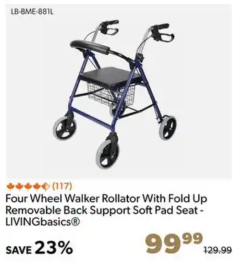 Shopper+ Four wheel walker rollator with fold up removable back support soft pad seat - livingbasics offer