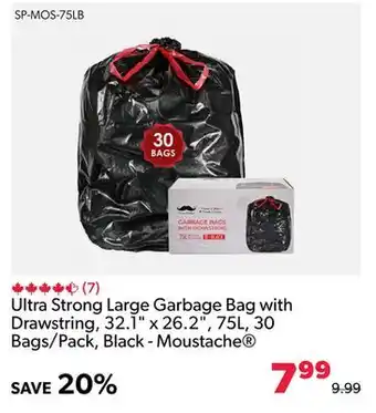 Shopper+ Ultra strong large garbage bag with drawstring, 32.1 x 26.2, 75l, 30 bags/pack, black - moustache offer