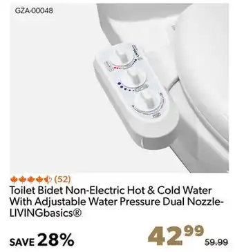 Shopper+ Toilet bidet non-electric hot & cold water with adjustable water pressure dual nozzle- livingbasics offer
