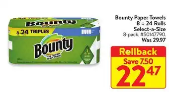 Walmart Bounty paper towels 8 = 24 rolls select-a-size offer