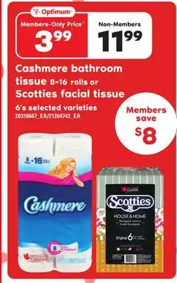 Loblaws Cashmere bathroom tissue, 8=16 rolls or scotties facial tissue, 6's offer