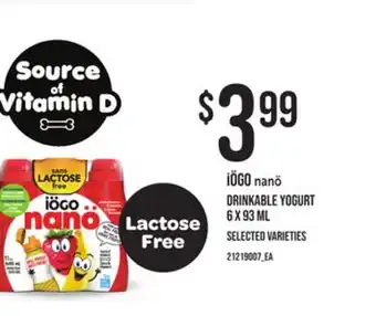 Loblaws Iögo nanö drinkable yogurt, 6 x 93 ml offer