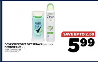 Real Canadian Superstore Dove or degree dry sprays, 107/113 g or deodorant, 74 g offer