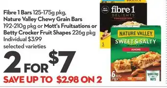 Longo's Fibre 1 bars 125-175g pkg, nature valley chewy grain bars 192-210g pkg or mott's fruitsations or betty crocker fruit shapes 2 offer