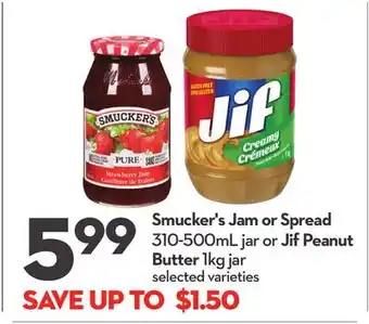 Longo's Smucker's jam or spread 310-500ml jar or jif peanut butter 1kg jar offer