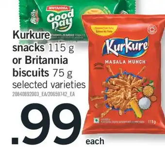 Fortinos Kurkure snacks 115 g or britannia or biscuits 75 g offer