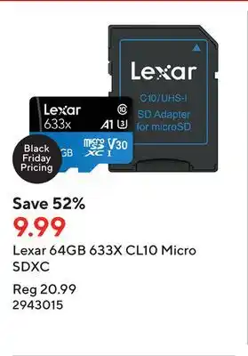 Staples Lexar 64gb 633x cl10 micro sdxc offer