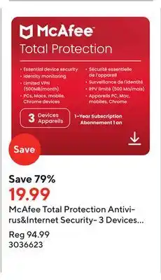 Staples Mcafee total protection antivirus&internet security- 3 devices (windows/mac/android/ios/chromeos)-1-year subscription (downlo offer