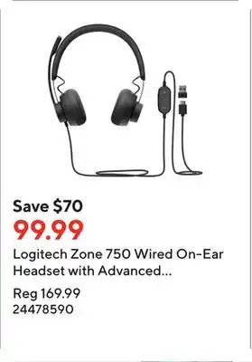 Staples Logitech zone 750 wired on-ear headset with advanced noise-canceling microphone offer
