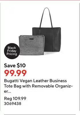 Staples Bugatti vegan leather business tote bag with removable organizer for 14.1 laptop/tablet - black offer