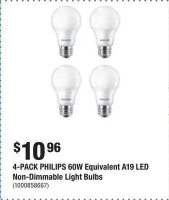 Home Depot 4-pack philips 60w equivalent a19 led non-dimmable light bulbs offer