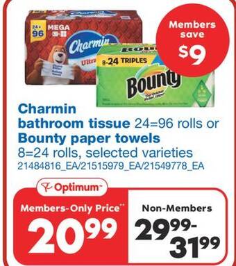 Wholesale Club Charmin bathroom tissue, 24=96 rolls or bounty paper towels, 8=24 rolls offer