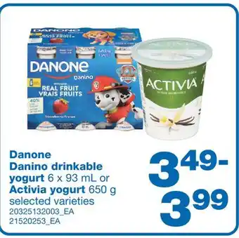 Wholesale Club Danone danino drinkable yogurt, 6 x 93 ml or activia yogurt, 650 g offer