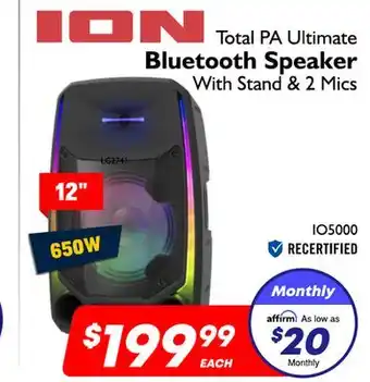 Ion total pa ultimate 650-watt bluetooth speaker with 2 microphones & stand