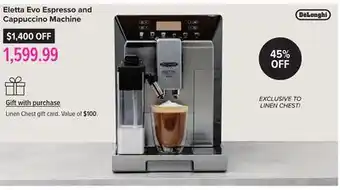 Linen Chest Eletta evo espresso and cappuccino machine offer