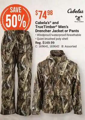 Bass Pro Cabela's and truetimber men's drencher jacket or pants offer