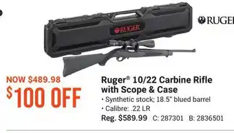 Bass Pro Ruger 10/22 carbine rifle with scope & case offer