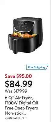 Walmart 6 qt air fryer, 1700w digital oil free deep fryers non-stick coating airfryer with timer and 8 cooking presets offer