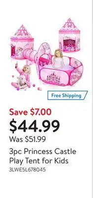 Walmart 3pc princess castle play tent for kids offer
