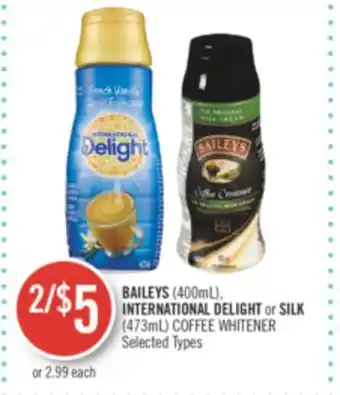 Shoppers Drug Mart Baileys (400ml), international delight or silk (473ml) coffee whitener offer