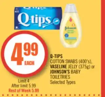 Shoppers Drug Mart Q-tips cotton swabs (400's), vaseline jelly (375g) or johnson's baby toiletries offer