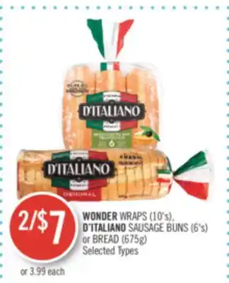 Shoppers Drug Mart Wonder wraps (10's), d'italiano sausage buns (6's) or bread (675g) offer