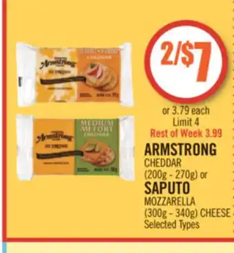 Shoppers Drug Mart Armstrong cheddar (200g - 270g) or saputo mozzarella (300g - 340g) cheese offer