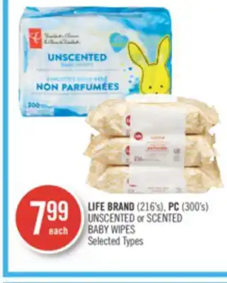 Shoppers Drug Mart Life brand (216's), pc (300's) unscented or scented baby wipes offer