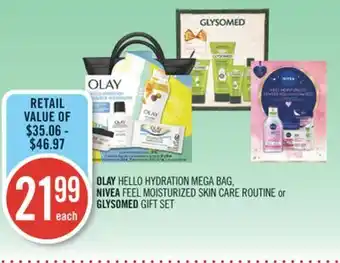 Shoppers Drug Mart Olay hello hydration mega bag, nivea feel moisturized skin care routine or glysomed gift set offer