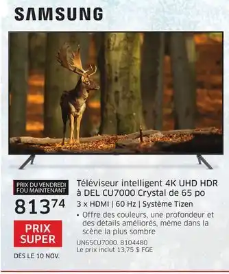 The Source Téléviseur intelligent 4k uhd hdr à del cu7000 crystal de 65 po samsung offer