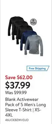 Walmart Blank activewear pack of 5 men's long sleeve t-shirt | xs-4xl offer