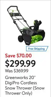 Walmart Greenworks 20 digipro cordless snow thrower (snow thrower only) offer