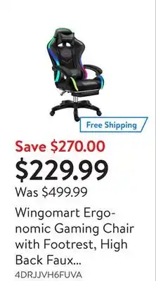 Walmart Wingomart ergonomic gaming chair with footrest, high back faux leather gaming chair with rgb led light and adjustable armrest offer