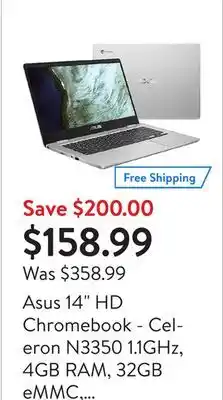 Walmart Asus 14 hd chromebook - celeron n3350 1.1ghz, 4gb ram, 32gb emmc, chrome os, silver - refurbished offer