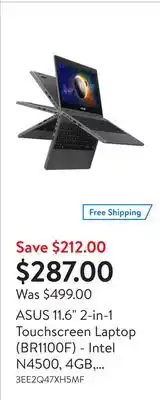 Walmart Asus 11.6 2-in-1 touchscreen laptop (br1100f) - intel n4500, 4gb, 64gb, win 10 pro offer