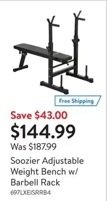 Walmart Soozier adjustable weight bench w/ barbell rack offer