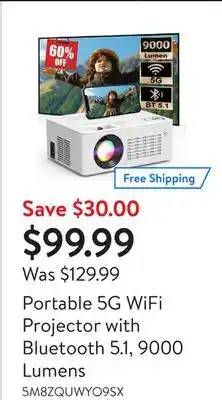 Walmart Portable 5g wifi projector with bluetooth 5.1, 9000 lumens offer