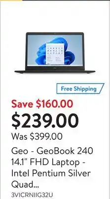 Walmart Geo - geobook 240 14.1 fhd laptop - intel pentium silver quad core, 128gb ssd, 8gb ram offer