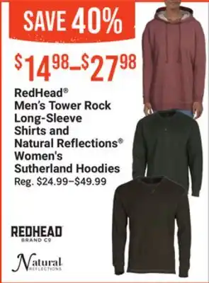 Bass Pro Redhead men's tower rock long-sleeve shirts and natural reflections women's sutherland hoodies offer