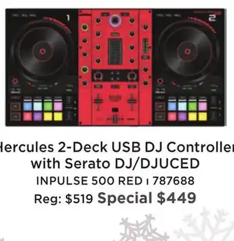 Long & McQuade Hercules djcontrol inpulse 500 red edition 2-deck usb dj controller with serato dj/djuced offer