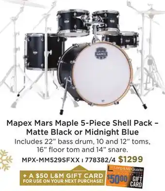 Long & McQuade Mapex mars rock 5-piece shell pack (22,10,12,16,sd) - matte black offer