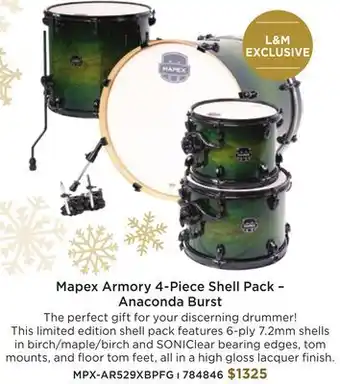 Long & McQuade Mapex armory 4-piece shell pack (22,10,12,16) - anaconda burst offer