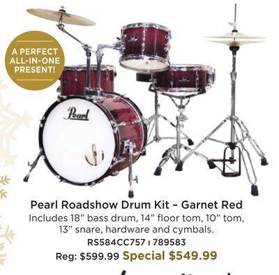 Long & McQuade Roadshow complete drum kit (18,10,14,sd) with hardware and cymbals - garnet red offer